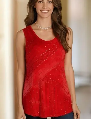 Westport 1962 Woman 1X Red Sleeveless Blouse Sequin Embroidered Tie Dye Plus