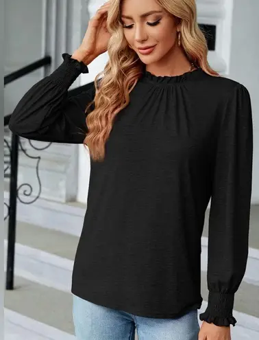 NEW Black Frilled Ruffle Neck Lantern Sleeve Smocked Cuff Blouse Size Medium