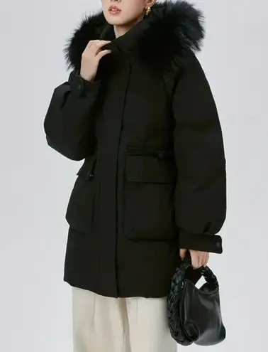 Real raccoon fur collar down winter jacket coat parka puffer trench coat bomber Black Size M
