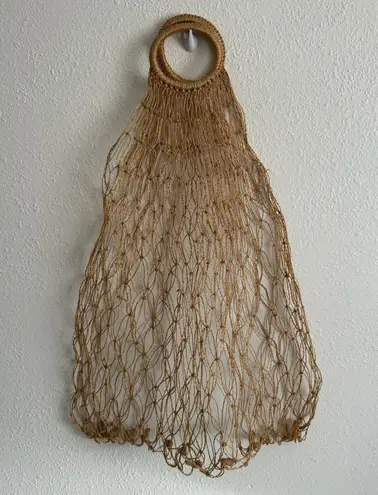 Vintage 90s Handmade Woven Straw Crochet Net Jute Farmers Market Large Tote Bag Tan