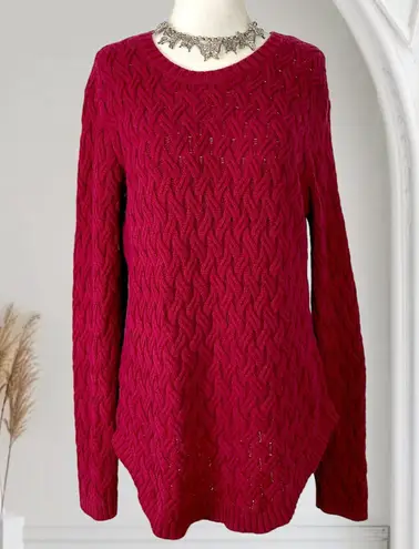 Jeanne pierre 100% Cotton Long Knitted Burgundy Red Kable Knit Sweater M Fishermen Style