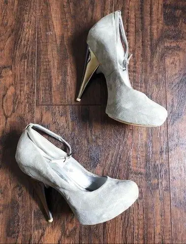 Giuseppe Zanotti • grey suede platform pumps heels ankle strap cone heel silver