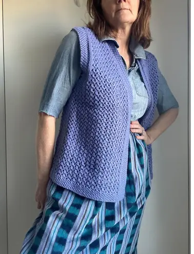 Womens Sweater Vest Hand knit Crochet Purple Open Cottage core Grannycore Size M