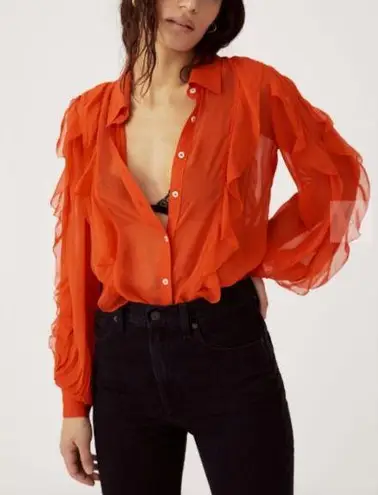 Maeve Women's Size M Orange Ruffled Button Down Blouse EUC