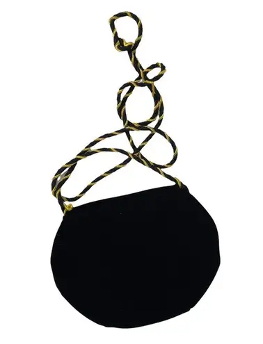 Vintage Black Velvet Clutch Bag Gold & Black Detailing and Corded Shoulder Strap