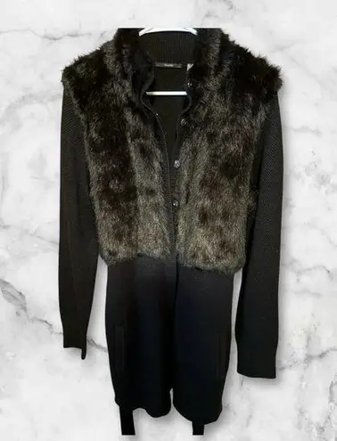 T Tahari faux fur belted cardigan black wool blend large