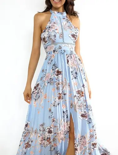 Light Blue Floral High Neck Open Back Maxi Dress