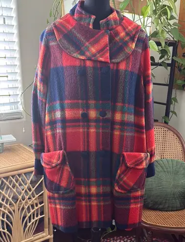 Vintage 60s Mary Redston Original Orange & Navy Plaid Button Up Pea Coat Size undefined