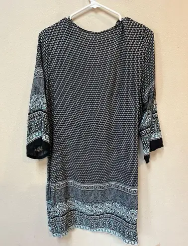 Jia Hao Di Women’s Black Blue Floral Boho Flowy Long Sleeve Mini Dress Small