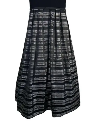 Theia Stripe Jacquard Full Ball Gown Sz 14 Black Silver Maxi Dress Event Gala