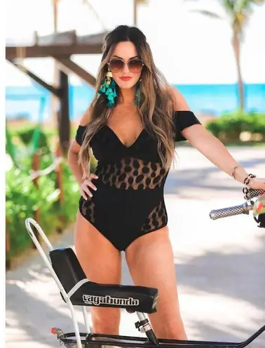 Jess Lea Polka Dot Mesh One Piece Swimsuit Black Size XL New With Tags