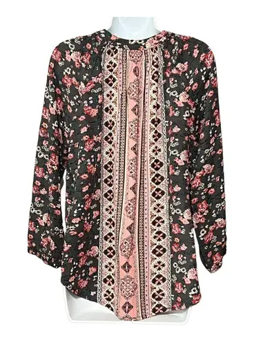 Mason & Belle “Caseey” Gauze Floral Mixed Print Split Collar Tassel Detail Top M