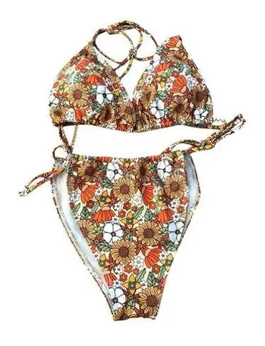Retro Floral Orange and Brown Bikini Set Size L