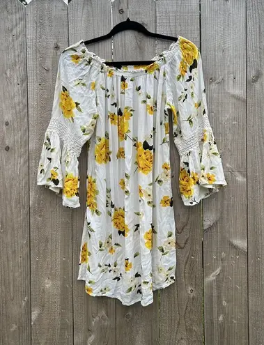 floral Speed Control Womens Dress white yellow Medium Boho Long Sleeve Spring