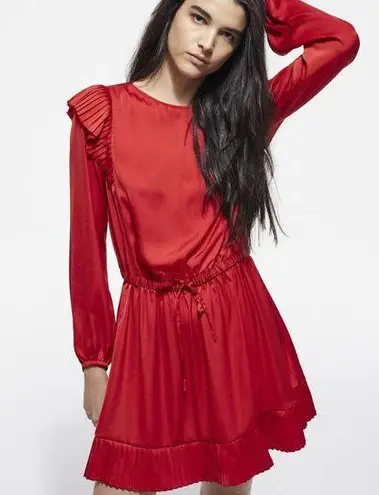 The Kooples “Short red dress” pleated ruffle satin mini dress medium size M