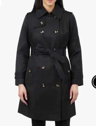 London Fog Black DOUBLE BREASTED HOODED TRENCH COAT WITH WAIST BELT