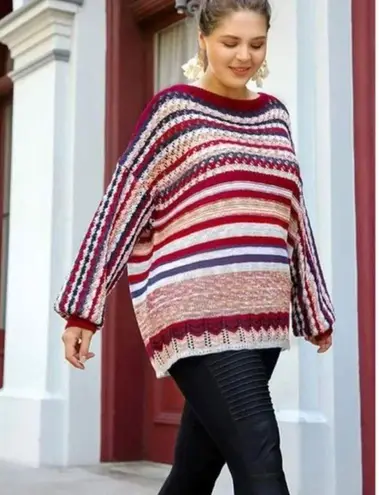 Umgee Boho Oversized Red Stripe Crochet Sweater