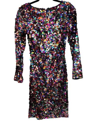 Oleg Cassini Black Tie Vintage Sequin Dress Size 4 Rainbow Long Sleeve Party
