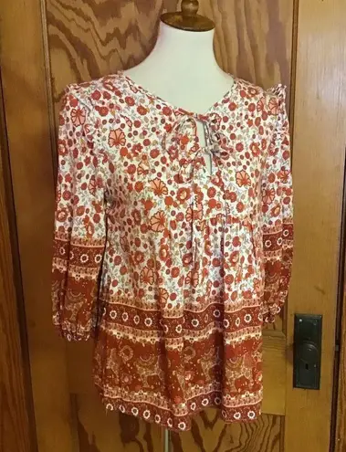 Bright Orange Floral Hippie Chic Peasant Top White