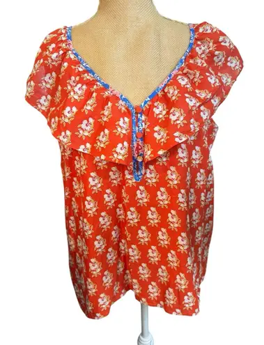 J.Crew  Orange‎ Ruffle 100% Cotton Flutter V-Neck Blouse Boho Medium