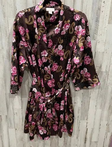 Cabernet Satin Robe Kimono Women's Brown Floral Pasiley Animal Belted Pockets XL Pink