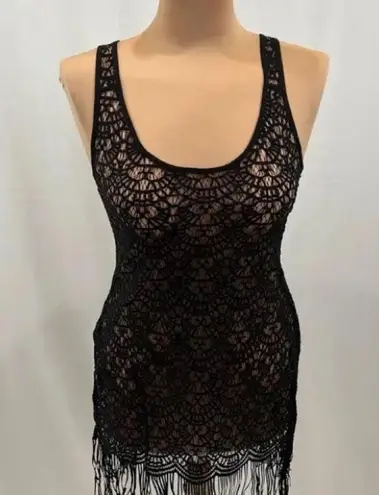 L'Agent by Agent Provocateur Black Fringe Lace Beach CoverUp Dress Large crochet