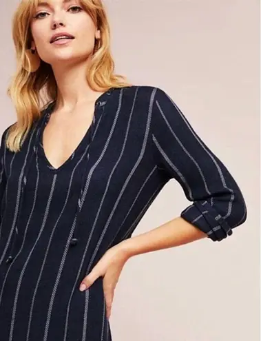 Bella Dahl Striped Tunic Dress V-Neck Vertical Striped Linen-Like Poncho Knit S