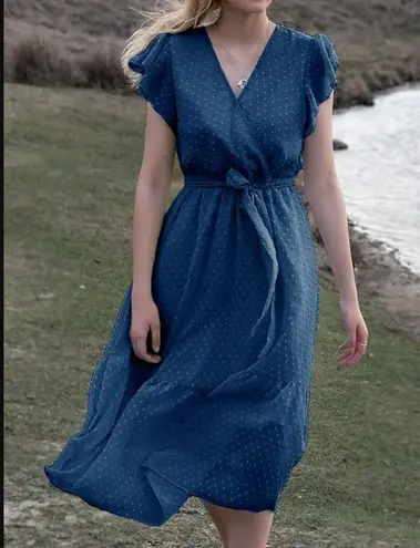 Genhoo Midi Dress M NWT Summer Wrap Neck Cap Sleeve Beach Tiered Skirt Hem Party Blue Size M