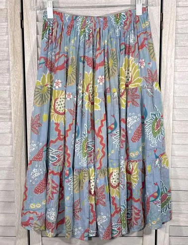 Midi Skirt Pull On Lightweight Elastic Waist Tropical Print