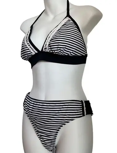 Catalina Lace Striped Bikini Top Black White Large