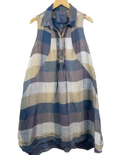 Yuvita Chambray Sleeveless Pintuck Plaid Linen Dress Lagenlook Blue Size S $148