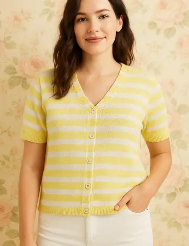 Adora Yellow & White Striped Button Front Slub Yarn Knit Top NWT Size M