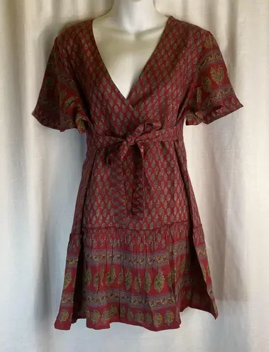 Raga Avah Floral Faux Boho Wrap Mini Dress color Wine size LARGE BRAND New