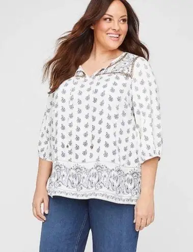 Catherine's Beaded Boho Floral Peasant Top Womens Size 0X Rayon Neutral Regency White