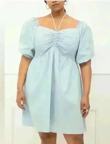 Eloquii Elements Chambray Tie Neck Puff Sleeve Dress Light Wash Denim Size 18