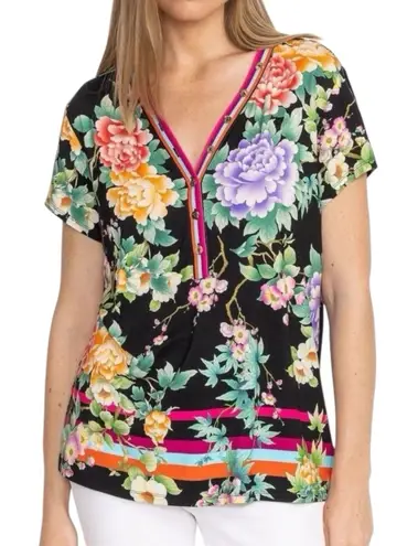 Johnny Was NWT JANIE FAVORITE BUTTON V NECK TEE Vibrant Colorful Floral Shirt XS