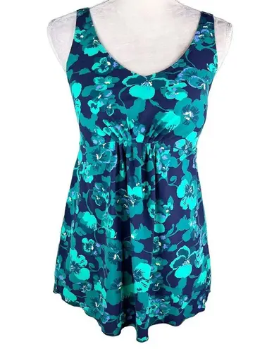 L.L.Bean  Soft Drape Tankini Top 12 Blue Green Floral Adjustable UPF 50+