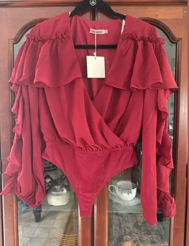 Skyler Rose Long Sleeve Wrap V Neck Ruffle Bodysuit Jumpsuit Sexy Drape Blouse