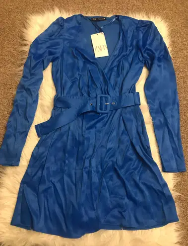 ZARA New with tags Blue  Satin Effects Belted dress.