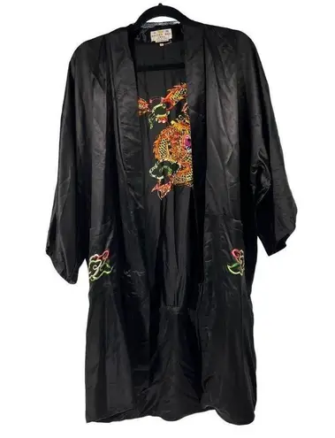 Golden Bee Black Dragon Embroidered 100% Pure Silk Kimono Robe