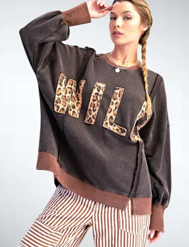 easel  Oversized Wild Leopard Print Patch Terry Knit Boho Red - Image 1