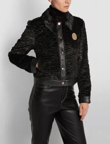 STAUD Buddha black faux shearling fur jacket w/ yellow leather trim size S small