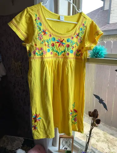 Women’s Mexican embroidered floral print peasant cotton boho top Yellow Size L