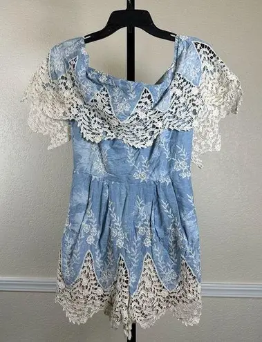 Just Me Festival Cottagecore Boho Western Lace Off Shoulder Feminine Romper Embroidered