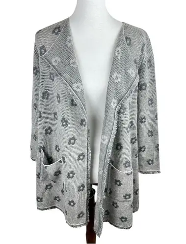 Martucci Roma Cashmere & Silk Open Cardigan Gray Floral Fringe Italy Silver Size M