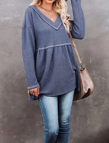 Womens V Neck Waffle Tunic Top Long Sleeve Peplum Pullover Flowy Swing Pullover Sweaters, Blue S/M Size M
