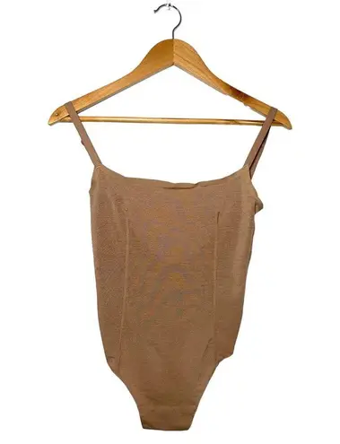 SKIMS NEW Sheer Sculpt Thong Spaghetti Strap Wide Neck Bodysuit Tan Small