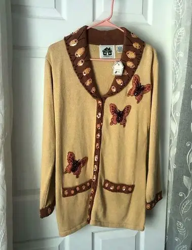 New Storybook Knits Women Sweater sz S button up Butterfly Embellished Cardigan