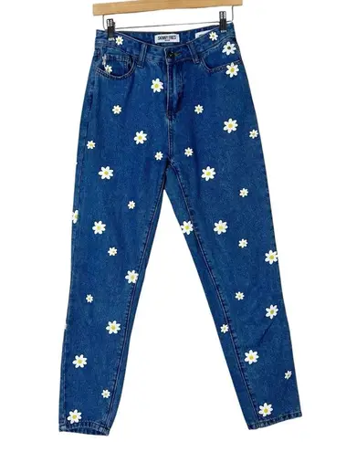 Skinny Fries Mom Jeans Juniors 1 Dark Wash Daisy Print Floral Straight Leg Denim Blue Size undefined
