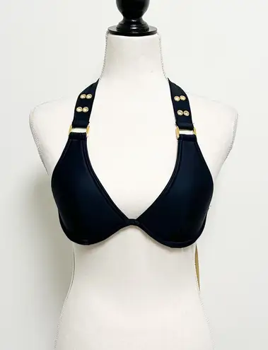Cyn & Luca Black Halter Underwire Padded Bikini Top NWT Small Gold Tone Rivets